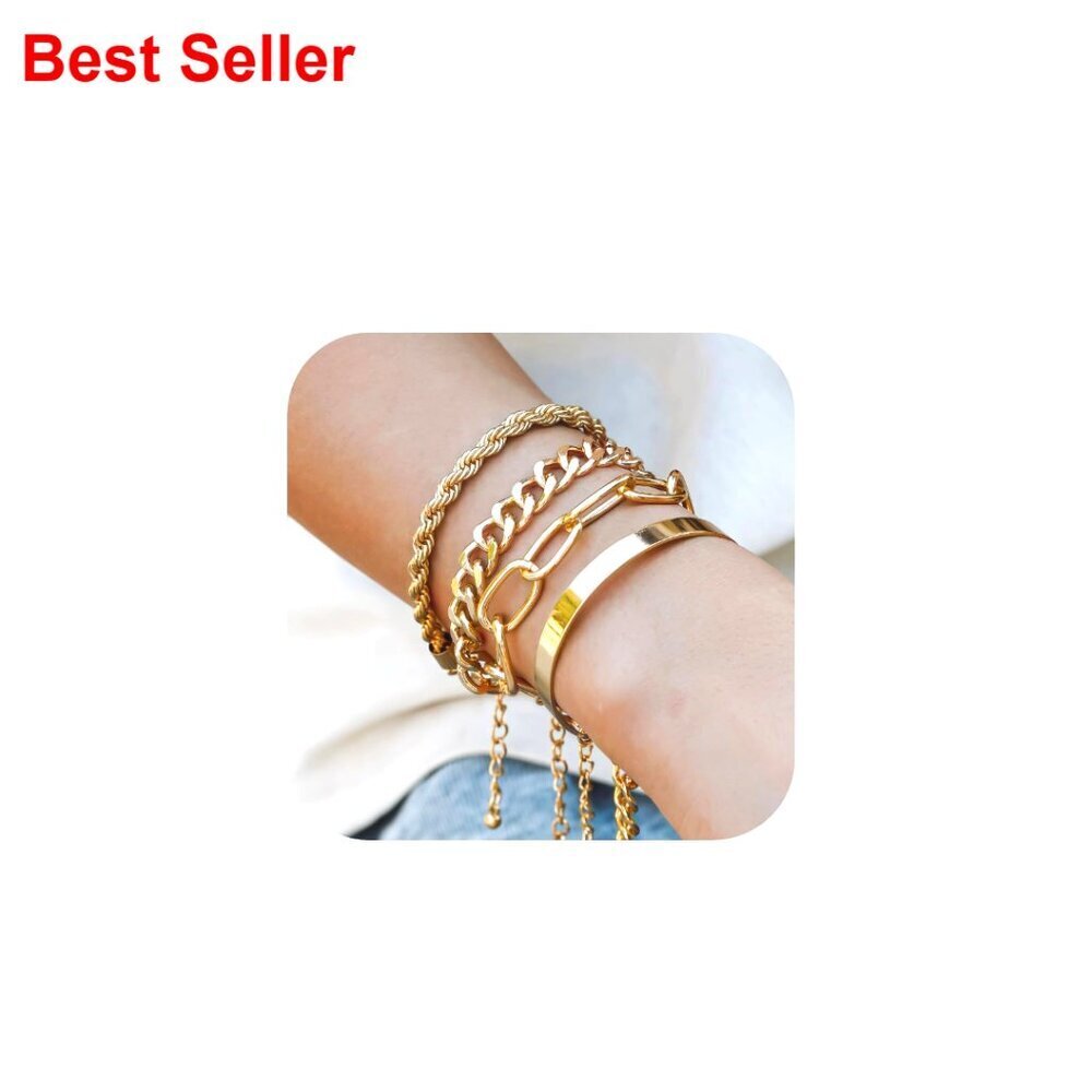 Non-Tarnish Gold Alloy Bracelet Stack Set of 4, Adjustable Chunky Bangle